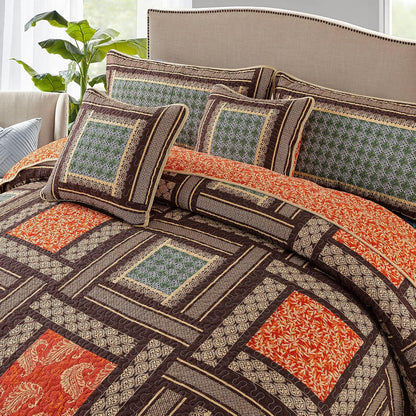 NEWLAKE Cotton Patchwork Bedspread, 3-Piece Bedding Quilt Set with Real Stitched Embroidery, Reversible Matelasse Bed Coverlet Set,Bohemian Farmhouse,Queen Size
