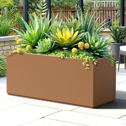FENCY Large Metal Planter, Large Rectangular Planters for Outdoor Plants, Tall Outdoor Planters for Porch Patio, 38" L x 15" W x 16.3" H Brown Metal Planter with Drainage Hole