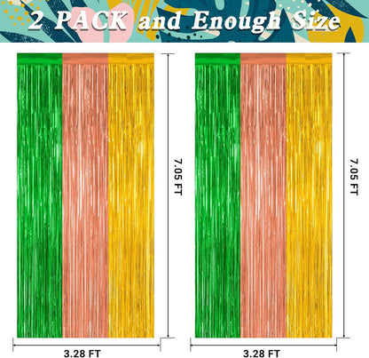 2 Pack Luau Decorations, 3.28 FT x 7.05 FT Summer Party Streamer, Green Brown Yellow Backdrop Tinsel Curtains Fringe Curtains, Metallic Hawaiian Supplies Aloha Party Decor