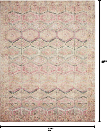 Loloi Layla Collection LAY-17 Pink/Lagoon 2'-3" x 3'-9" .13" Thick Accent Rug, Soft, Durable, Vintage Inspired, Distressed, Low Pile, Non-Shedding, Easy Clean, Printed, Living Room Rug