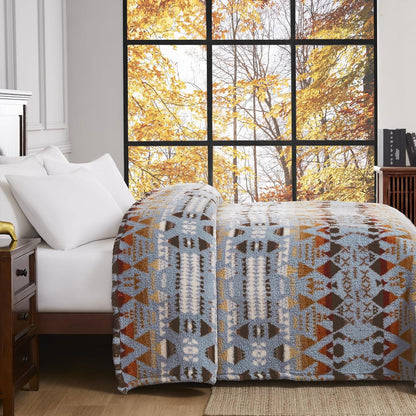 CASAAGUSTO Boho Sherpa Throw Blanket, Aztec King Size Blanket, Ultra Soft, Warm, Cozy, Plush, Thick Fleece Bohemian Throw Blanket for Couch, Bed, Sofa (Blue Grey 108 * 90 Inch)