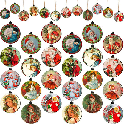 48-Piece Vintage Wood Christmas Tree Ornaments - Santa, Snowman & Retro Decor