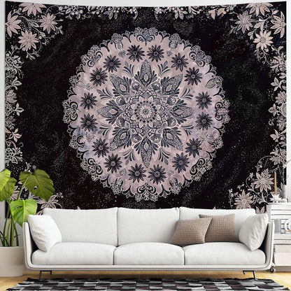 Fowocu Boho Floral Mandala Tapestry Wall Hanging Grey Bohemian Flower Medallion Tapestry Aesthetic Gray Black Hippie Indian Small Tapestries for Bedroom Living Room Dorm Decor 80 x 60 Inch