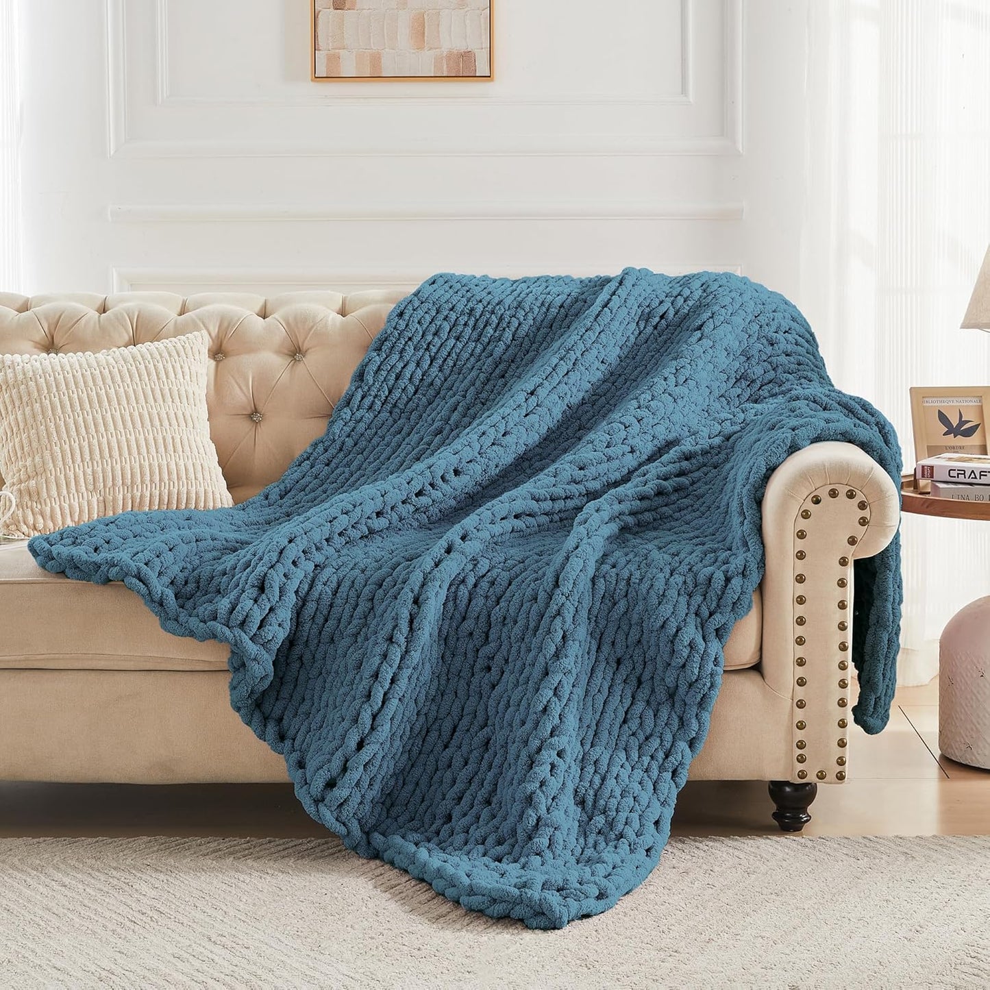 Carriediosa Chunky Knit Throw Blanket 50" X 60", 100% Hand Made Large Chenille Loop Yarn Soft Fluffy Throws for Couch Sofa Bed, Big Crochet Cozy Heavy Thick Cable Woven Blankets, Lyons Blue