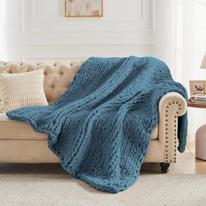 Carriediosa Chunky Knit Throw Blanket 50" X 60", 100% Hand Made Large Chenille Loop Yarn Soft Fluffy Throws for Couch Sofa Bed, Big Crochet Cozy Heavy Thick Cable Woven Blankets, Lyons Blue