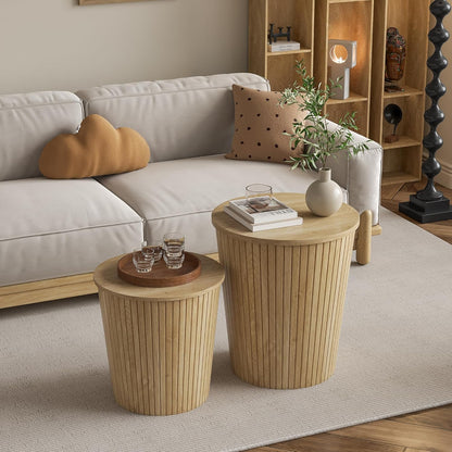 Nest Coffee Table Set of 2 with Round End Table, Farmhouse Design, Removable Wood Top and Wood Basket Base for Blanket Storage, Modern Design for Living Room