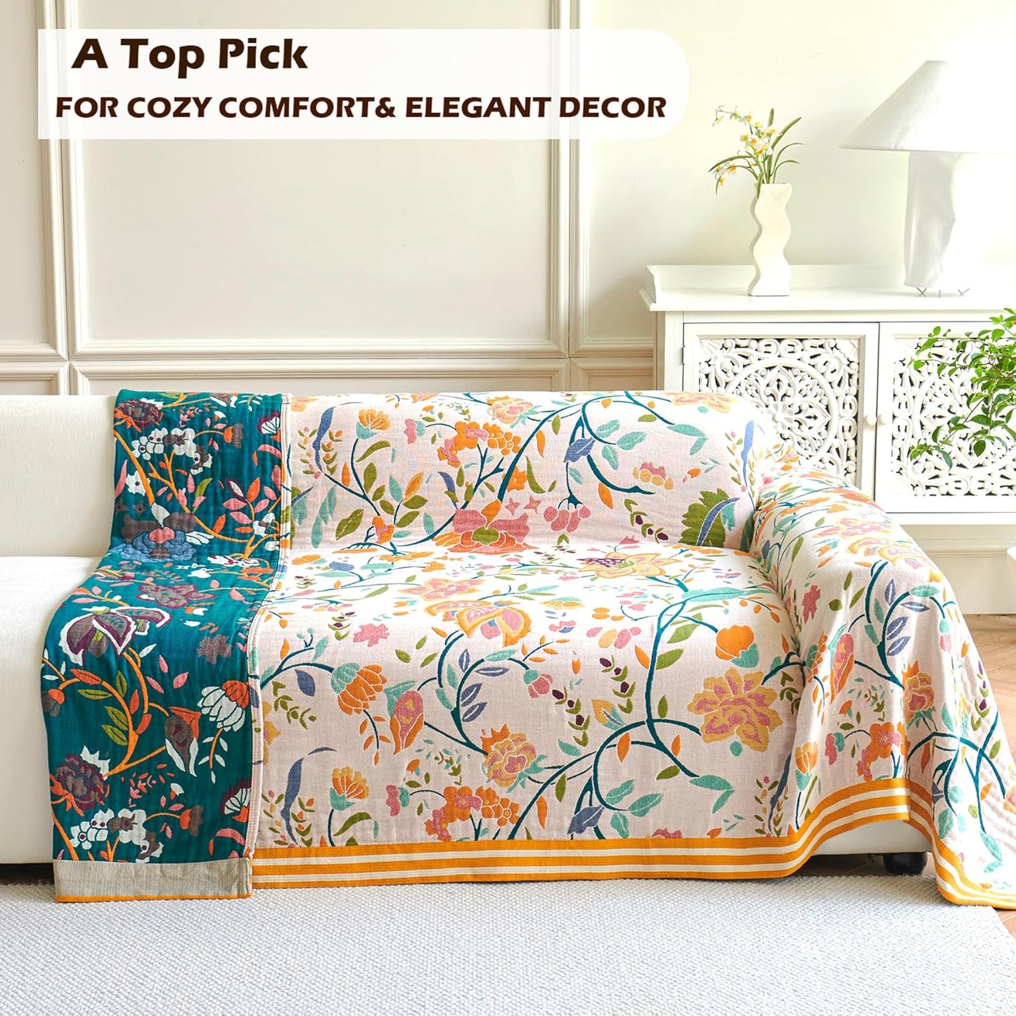 Boho Throw Blanket, 100% Organic Cotton Breathable Ultra Soft 80" x 90" Bed Quilt Throw - All Season Floral Rustic Farmhouse Decor Luxury Reversible Blanket for Sofa Couch Chair and Gift