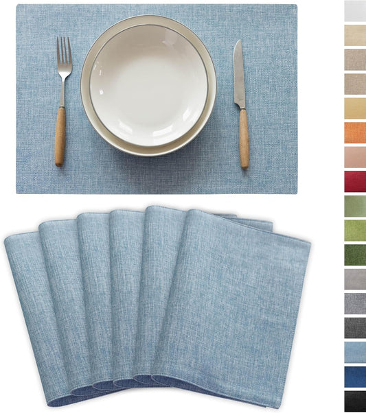 Demetex Blue Placemats Set of 6 Heat Resistant Farmhouse Burlap Placemats Washable Cloth Place Mat Dining Table Plate Mats for Kitchen Table Decor, Blue