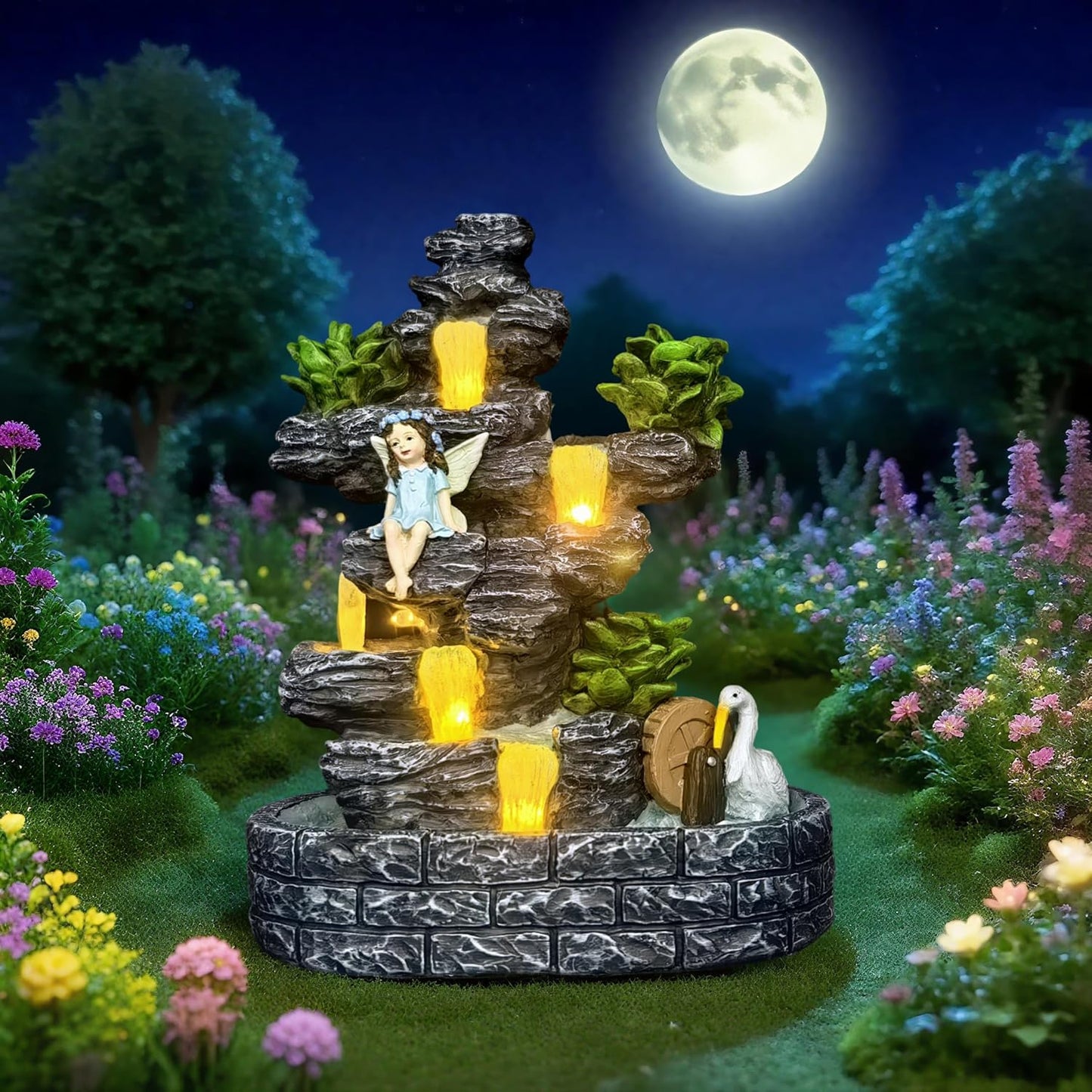 Fairy Garden Houses Fairies Pond Landscape Solar Statues, Whimsical Accessories Yard Decor Outdoor Art Sculpture for Lawn Patio Porch Backyard, Gardening Birthday Gift for Women Kids