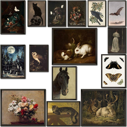 LANCHI95 15PCS Dark Cottagecore Decor, Dark Academia Decors, Cottage Core Whimsical Wall Art Goth Darks Moody Wall Decor for Living Room Bedroom 8x10 in (UNFRAMED)