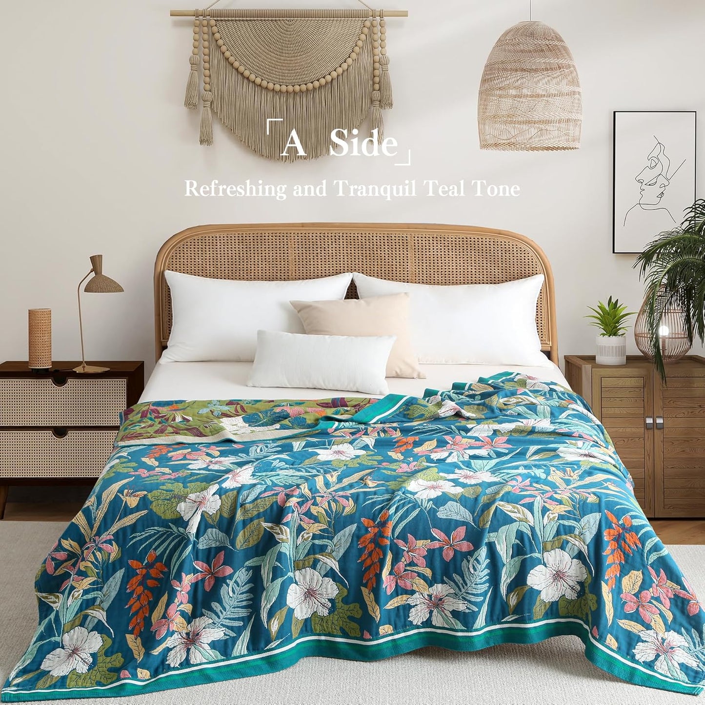 Boho Throw Blanket Full Size, Extra Large Soft Cozy Cotton Muslin Quilt Blanket for Bed Decor, Floral Patterned Couch Sofa Chair Cover, Vintage Farmhouse Cottage Woven Blanket, Teal&Green