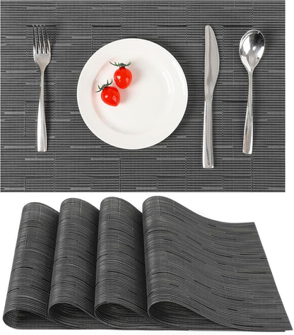 Myir JUN Placemats Set of 4, Vinyl Woven Placemats Place Mats Indoor Set of 4 Washable Table Mats Non-Slip Place mats for Dining Table (Black-Gray, Set of 4)
