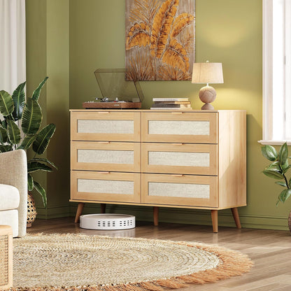 WLIVE Rattan Dresser for Bedroom, 6 Drawer 47.24'' Wide Boho Wood Dresser, Chest of Drawers, Gold Metal Handle, TV Stand for 55 inch TV, Storage Cabinet for Living Room, Hallway, Light Oak