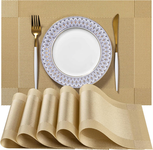 LEXMORE Placemats Set of 4 Vinyl/Plastic Woven Place Mats for Kitchen Table Indoor/Outdoor Washable Placemat Wipeable Dining Table Mats(Gold Cube)