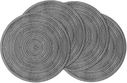 Leetaltree Round Placemats Heat and Slip Resistant Cotton Table Mats, Washable Bohemian Placemats for Dining Tables (Charcoal, Set of 4)