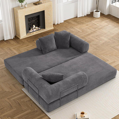 Convertible Sleeper Sofa Bed with Pillow, 4-in-1 Corduroy Folding Mattress Couch with Fixed-Shape Frame, Futon Fold Out Floor Sofa Cama Lounge Couch for Living Room Bedroom Studio, Grey