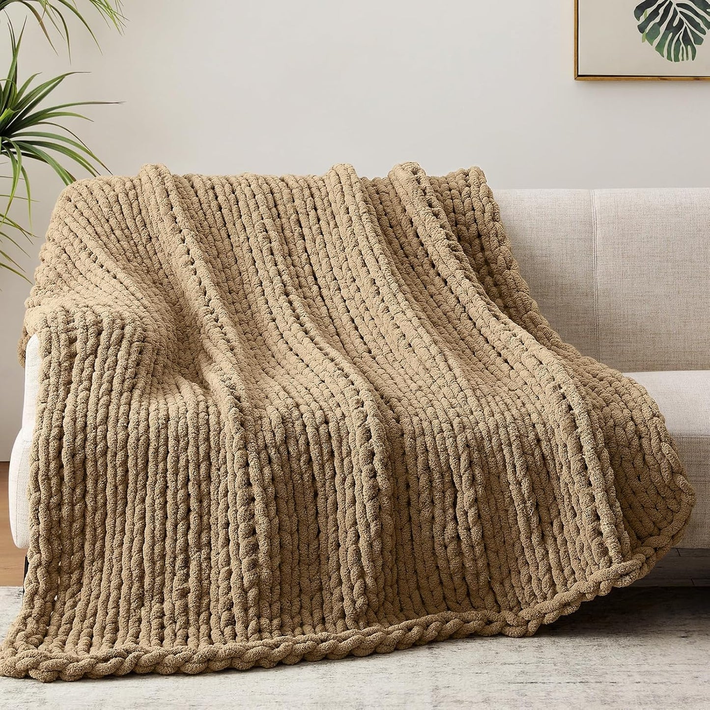 Chunky Knit Throw Blanket, 40''*50'' Knitted Throw Chenille Yarn for Bed Couch, Handmade Light Brown Crochet Big Thick Blanket, Machine Washable Cute Comfy Blanket for Home Decor
