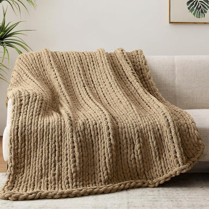 Chunky Knit Throw Blanket, 60''*80'' Knitted Throw Chenille Yarn for Bed Couch, Handmade Light Brown Crochet Big Thick Blanket, Machine Washable Cute Comfy Blanket for Home Decor