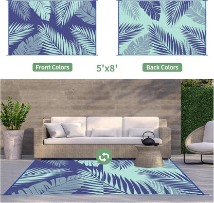 GENIMO Outdoor Rug 5' x 8' Waterproof for Patios Clearance, Reversible Outdoor Plastic Straw Camping Rug Carpet, Large Area Rugs Mats for RV, Camper, Deck, Balcony, Porch, Beach, Royal Blue&Blue Green