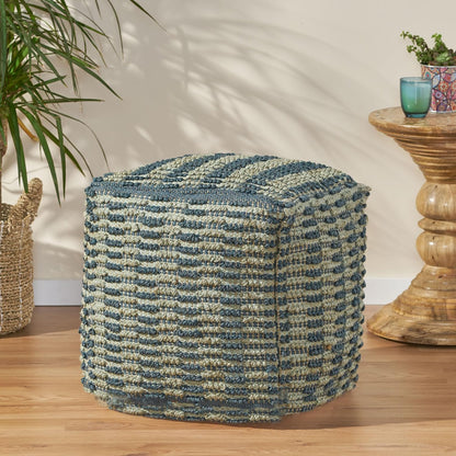 GDFStudio Boho Handmade Fabric Cube Pouf Ottoman Foot Stool - Bean Bag Floor Chair - Foot Rest Couch for Living Room Bedroom,Blue, Teal and Natural,15.75""x15.75""x15.75"", 312725N
