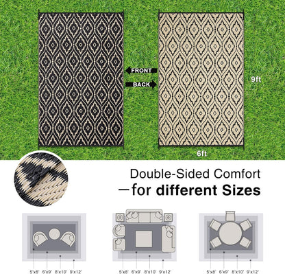 OLANLY Outdoor Rug 6x9 ft Waterproof, Outdoor Plastic Straw Rug with Geometric Pattern Clearance, Reversible RV Mat for Patio, Camping, Balcony, Deck, Backyard, Black & Beige