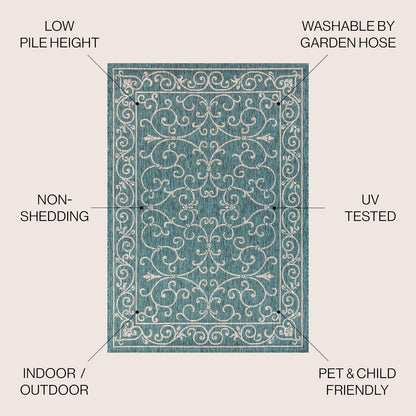 JONATHAN Y Vintage Filigree Indoor Outdoor Area Rug 5X8 Teal/Gray, Charleston Textured Weave for Backyard, Patio, Porch, Easy-Cleaning, High Traffic, Pet-Friendly, Non-Shedding (SMB106F-5)