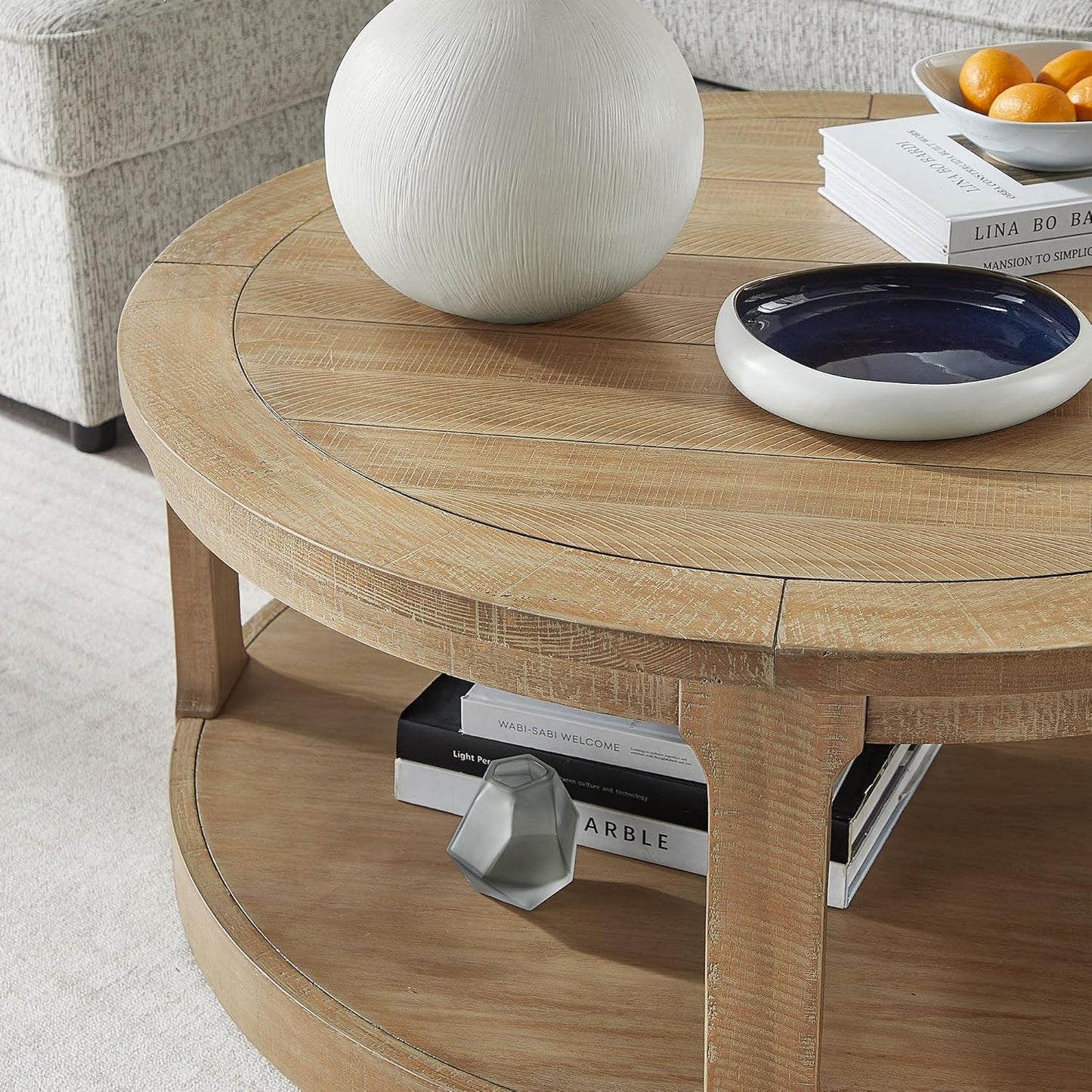 WILLIAMSPACE 40" Round Coffee Table with Wheels, Circle 2 Tier Solid Wood Center Coffee Table, Mid Century Retro Farmhouse Rounded End Table for Living Room Apartment, ø40 x 17.52" H (Light Brown)