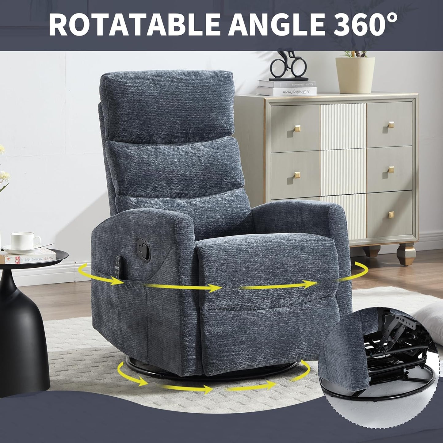 Manual Swivel Rocker Recliner Chair for Adults, Overstuffed Reclining Glider Chair for Nursing with Vibration Massage & Heat, Living Room Rocking Recliner 3-Stage backrest, Chenille Fabric Blue