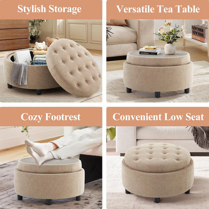 COLAMY Fabric Round Storage Ottoman with Reversible Tray Lid – Multi-Functional Footrest, Hidden Storage, Sturdy & Stylish Small Coffee Table for Living Room, Bedroom, or Entryway(Camel)