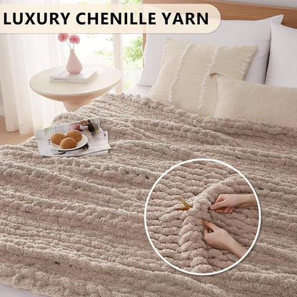 L'AGRATY Chunky Knit Blanket Throw: 60''x80'' Chenille Chunky Knitted Throw Blanket for Bed Couch - Handmade Thick Big Cable Knit Blanket - Large Crochet Rope Blanket for Home Decor(Light Taupe)
