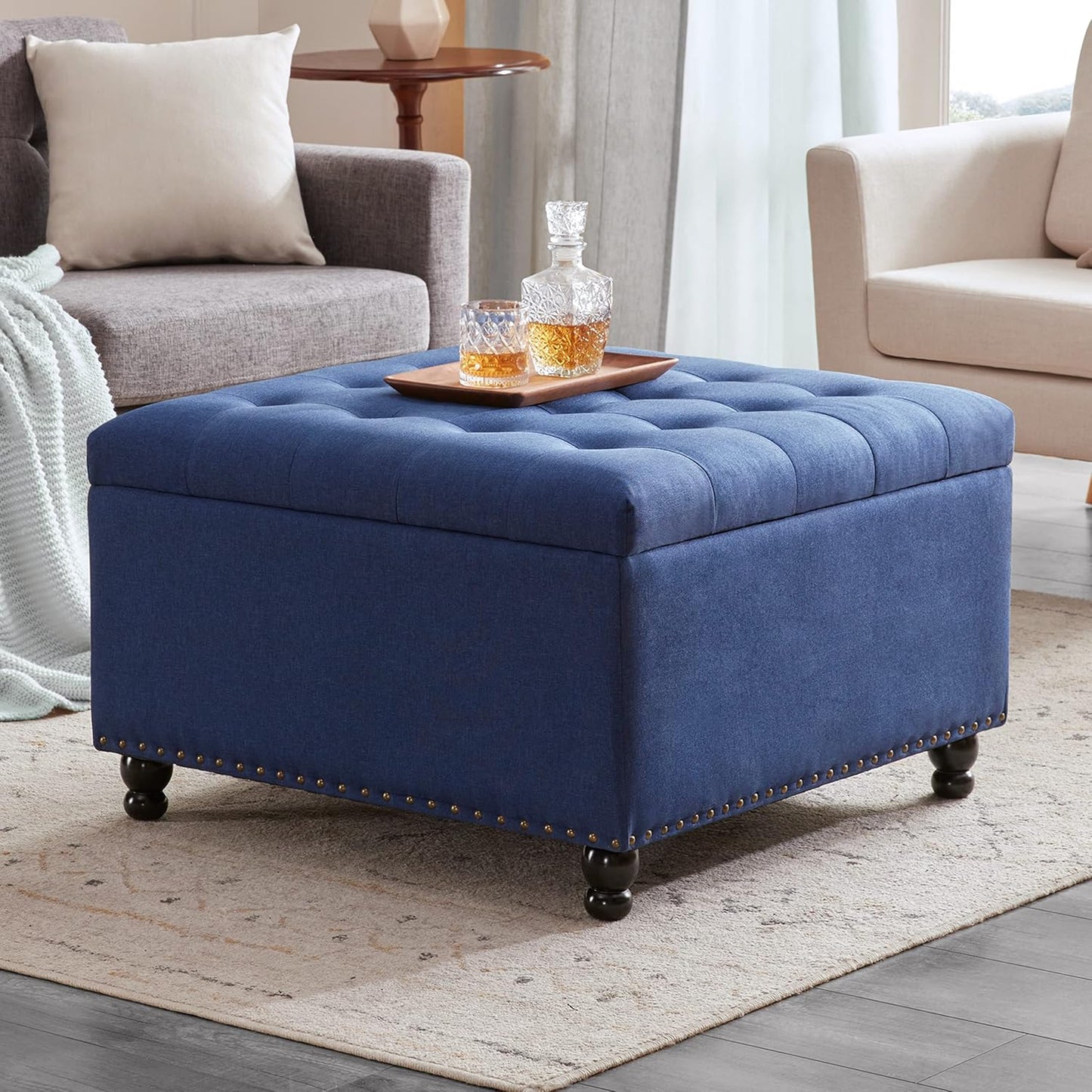Tbfit Large Square Storage Ottoman Bench, Botton Tufted Upholstered Coffee Table Ottoman with Solid Wood Legs, Oversized Storage Ottomans Toy Box for Living Room (Blue)