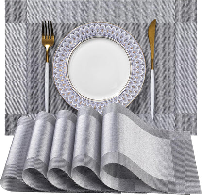 LEXMORE Placemats Set of 6 Vinyl/Plastic Woven Place Mats for Kitchen Table Indoor/Outdoor Washable Placemat Wipeable Dining Table Mats(G-Silver Cube)