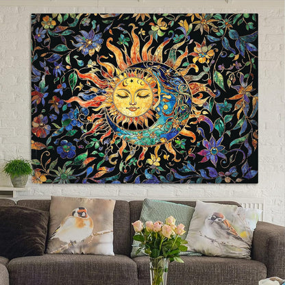 Aipon Sun and Moon Tapestry for Bedroom Boho Hippie Floral Wall Tapestry Aesthetic Vintage Stained Glass Plant Small Tapestries Wall Hanging for Living Room Dorm 48 x 36 Inch