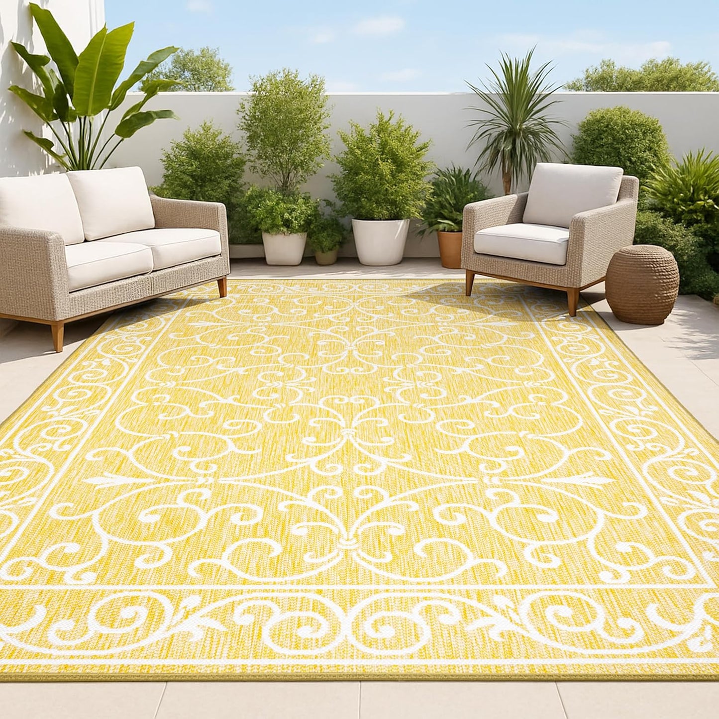 JONATHAN Y Vintage Filigree Indoor Outdoor Area Rug 9X12 Yellow/Cream, Charleston Textured Weave for Backyard, Patio, Porch, Easy-Cleaning, High Traffic, Pet-Friendly, Non-Shedding (SMB106L-9)
