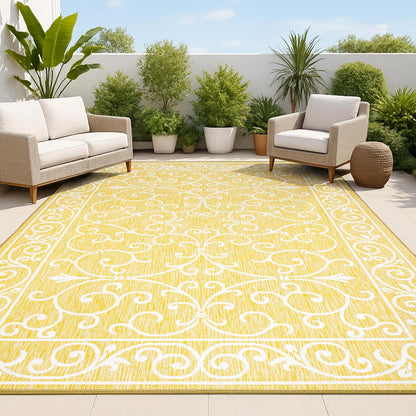 JONATHAN Y Vintage Filigree Indoor Outdoor Area Rug 9X12 Yellow/Cream, Charleston Textured Weave for Backyard, Patio, Porch, Easy-Cleaning, High Traffic, Pet-Friendly, Non-Shedding (SMB106L-9)
