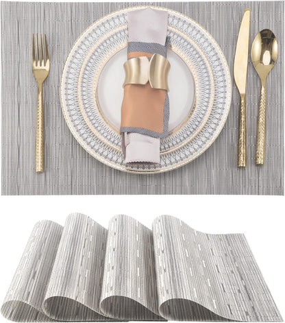 Sliver Placemats Set of 4 - Easy Clean Modern Durable Washable Vinyl Place Mats - Heat Resistant Placemats for Kitchen Table - PVC Table Mats for Dining Table (Sliver, 4)