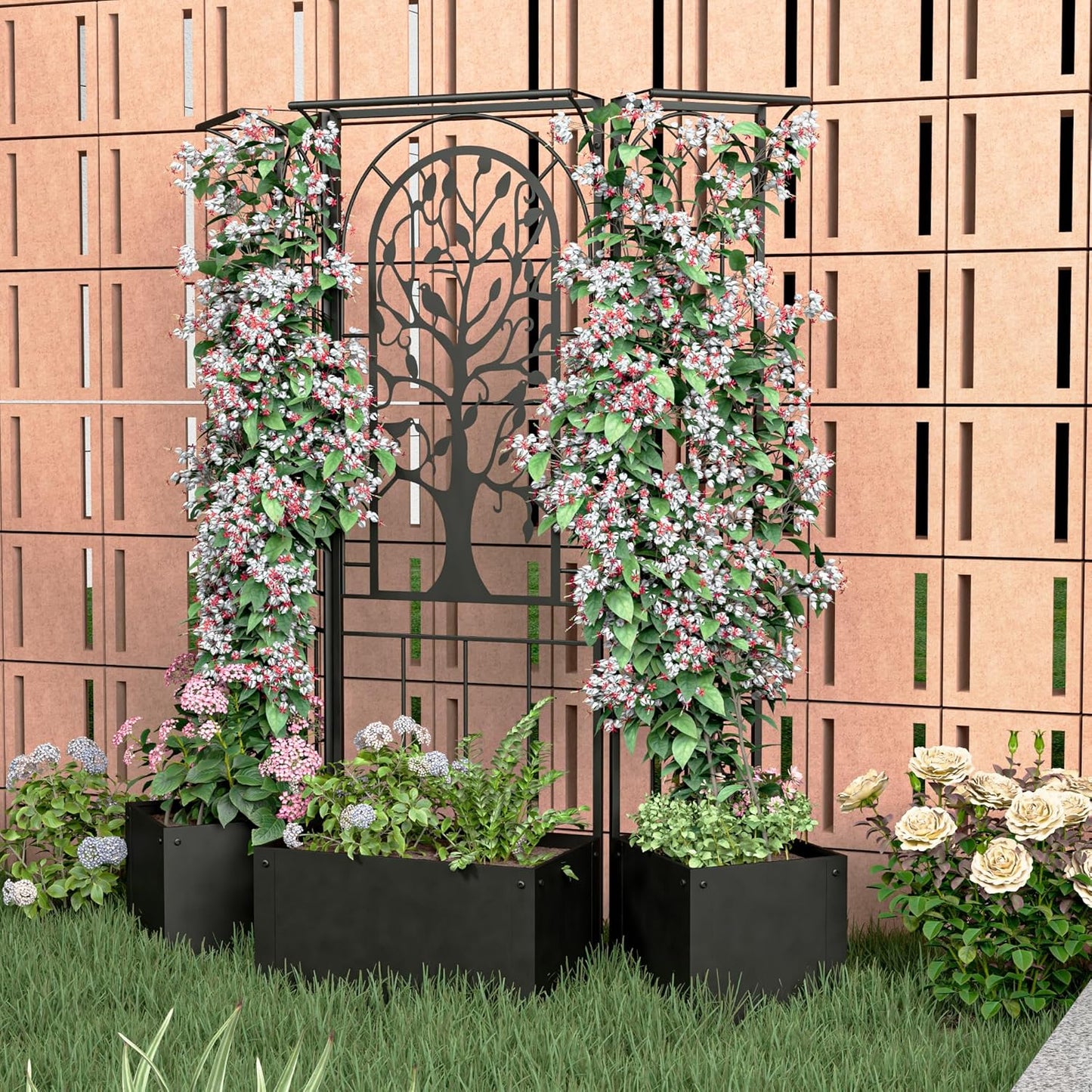 Metal Planter Box with Trellis, Outdoor Raised Garden Bed with Privacy Screen, Trellis Planter Boxes for Climbing Plants, Vines, Vegetables, Flowers, 62 Inch Tall, Patio Decor (Black)