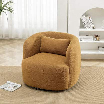 KINWELL 34" Wide Boucle Swivel Barrel Chair, No Assembly Round Upholstered Armchair Accent Chair Single Sofa Chair with Toss Pillow for Living Room and Bedroom, Brown