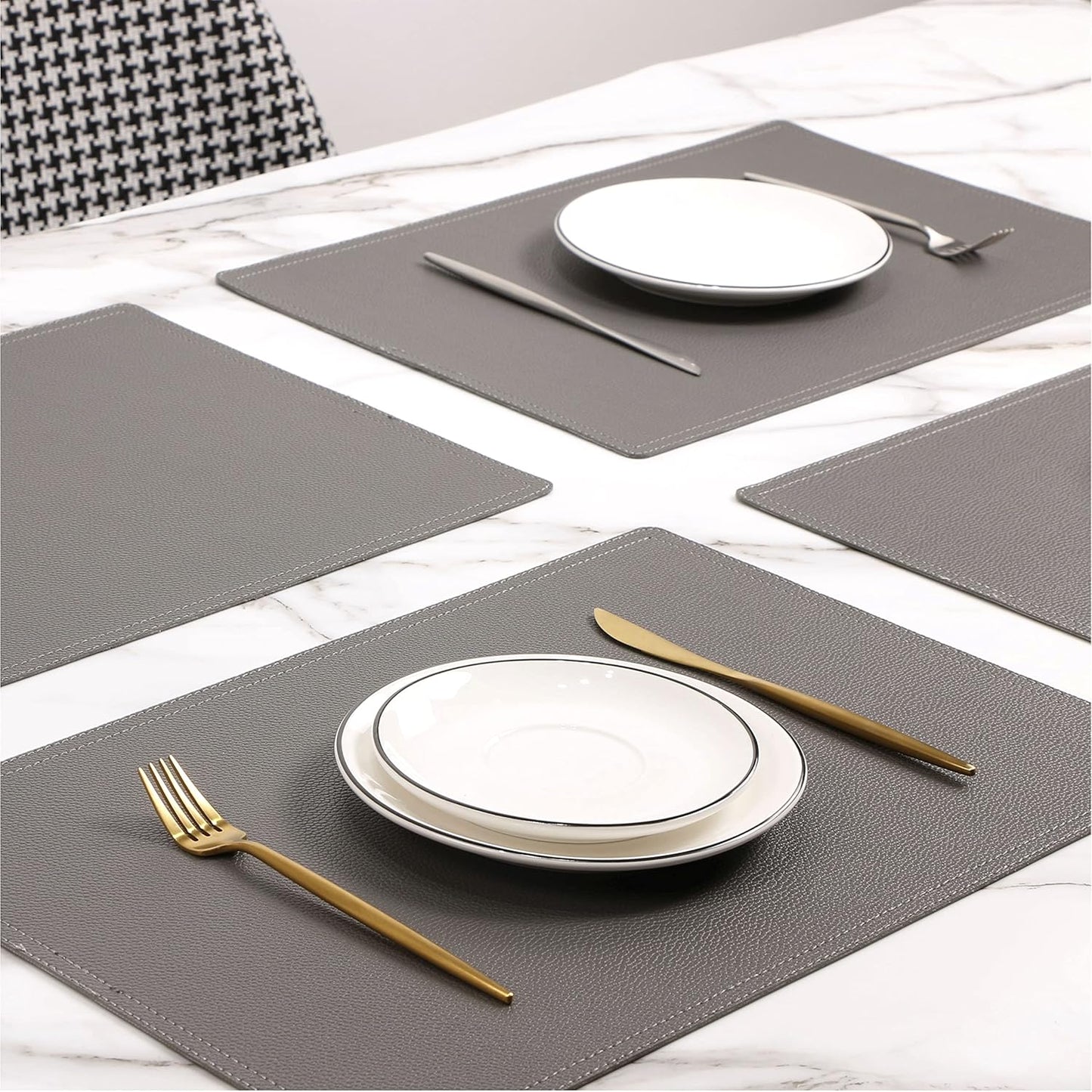 Set of 4 Faux Leather Placemats, PU Table Mats, Waterproof, Stain Resistant, Heat Resistant, Non-Slip Easy to Clean for Kitchen Dining Table,Conference Table C Grey Rectangle