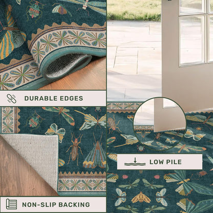 Insect Blue Green Living Room Rug 5x8 - Washable Area Rug for Bedroom, Dining Room, Kids Playroom, Home Office, Boho Butterfly Non Slip Stan Resistant