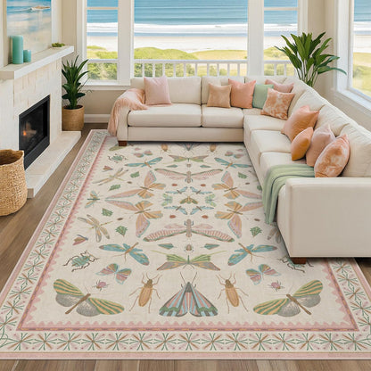 Cute Rugs for Bedroom Girls - Pink Living Room Rugs 8X10, Dining Room Table, Washable Pastel Flower Insect Print Whimsical Décor