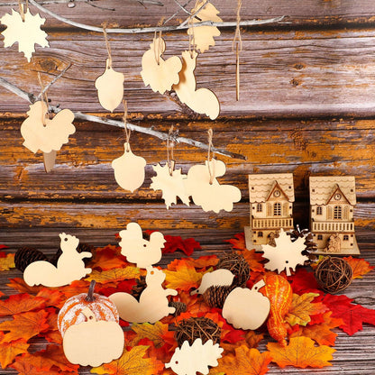 60 Pieces Fall Thanksgiving Unfinished Wooden Ornaments Maple Leaves Pumpkin Wood Cutout Squirrel Acorn Blank Wooden Ornament for Thanksgiving Party DIY Decor Supplies, 6 Styles
