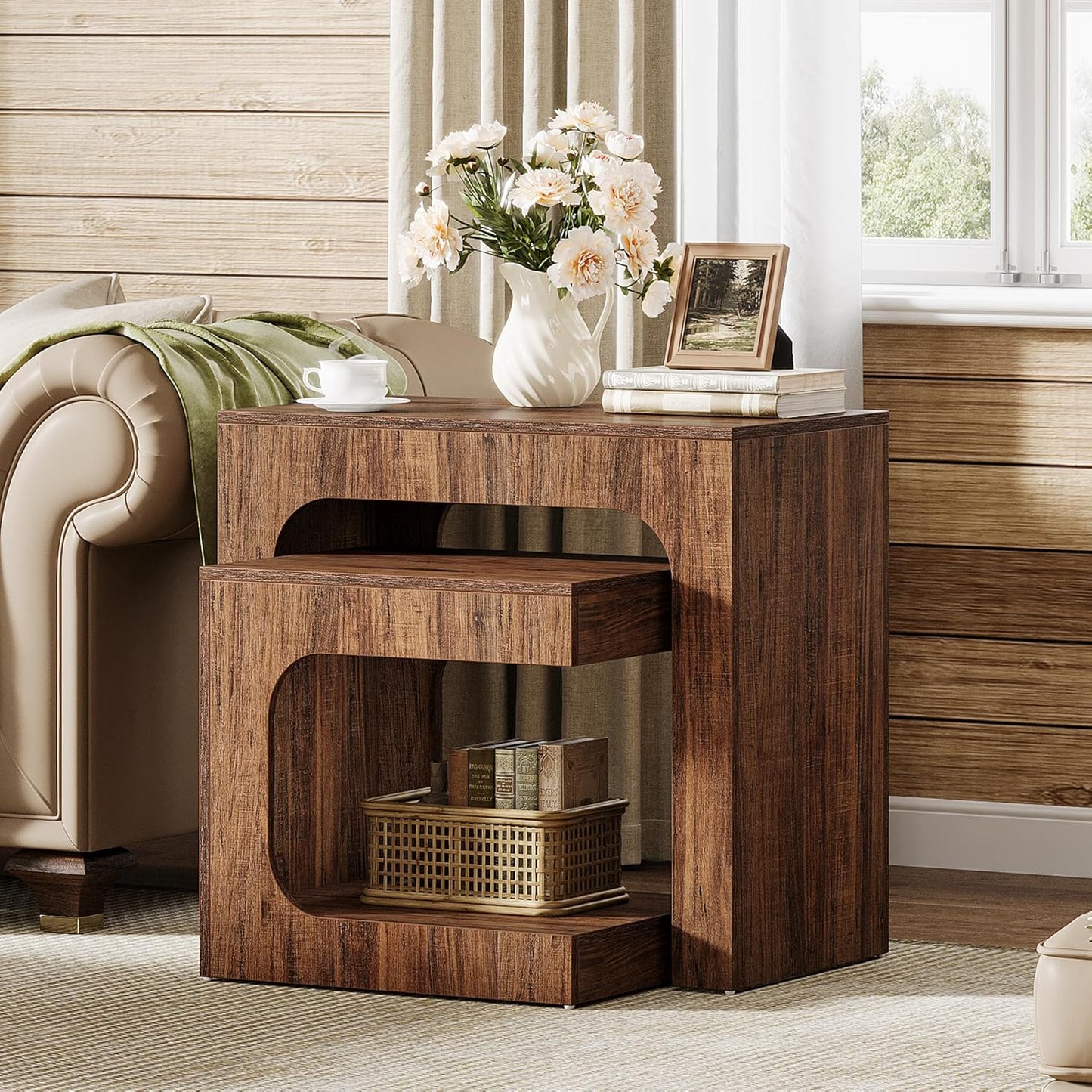 Tribesigns Nesting End Table Set, Walnut Side Table for Living Room, Night Stand Set for Bedroom, Small Spaces, Brown