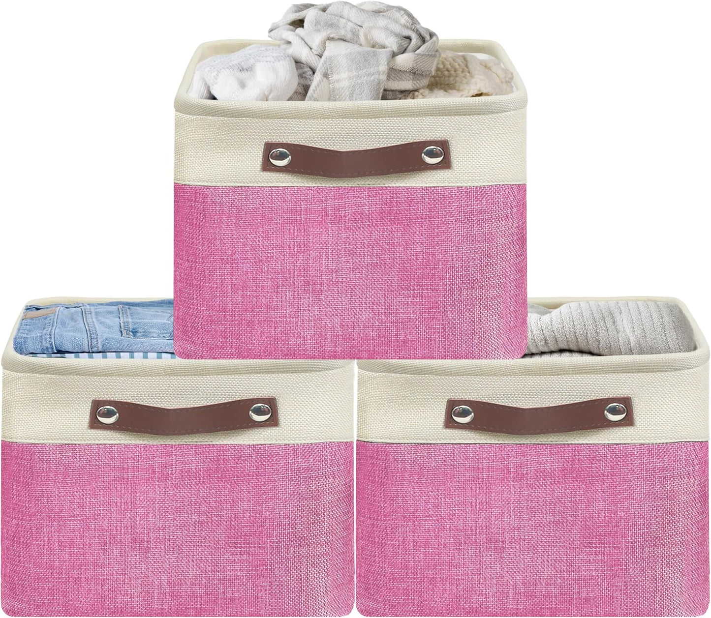 SIMPLE HOUSEWARE Large Fabric Storage Bin, 15" x 11" with Leather Like Handles, 3 Pack, Pink