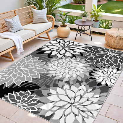 Indoor Outdoor Area Rug Washable Multicolored Rug Tropical Botanical Modern Floral Indoor Outdoor Carpet Black White Rug Non Slip Non Shedding for Patio, Deck, Backyard, Porch (6x9)