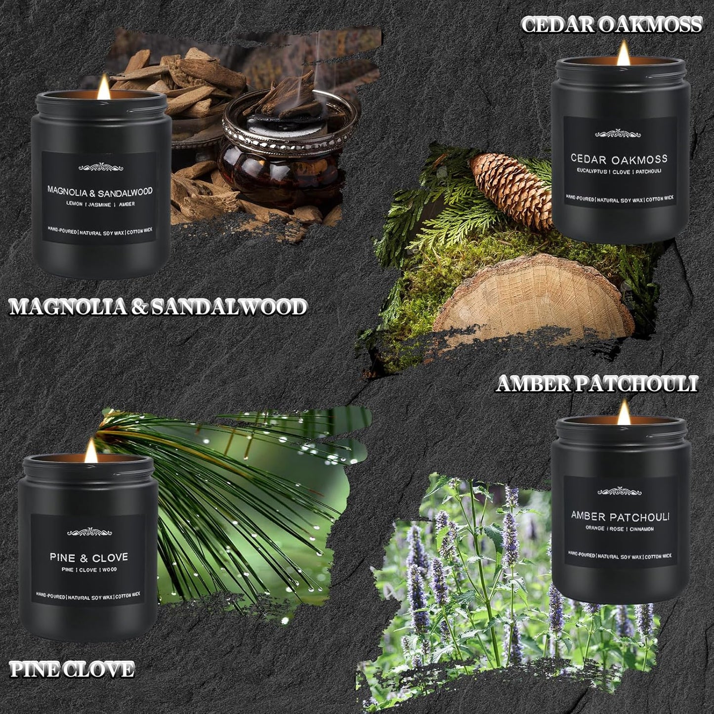 Scented Candle Set for Men, 4 Pack Black Jar Candles with Manly Scents ??Amber Patchouli, Magnolia Sandalwood, Cedar Oakmoss, Pine Clove, Soy Wax Aromatherapy Gift for Him, Dad, Husband, Father's Day