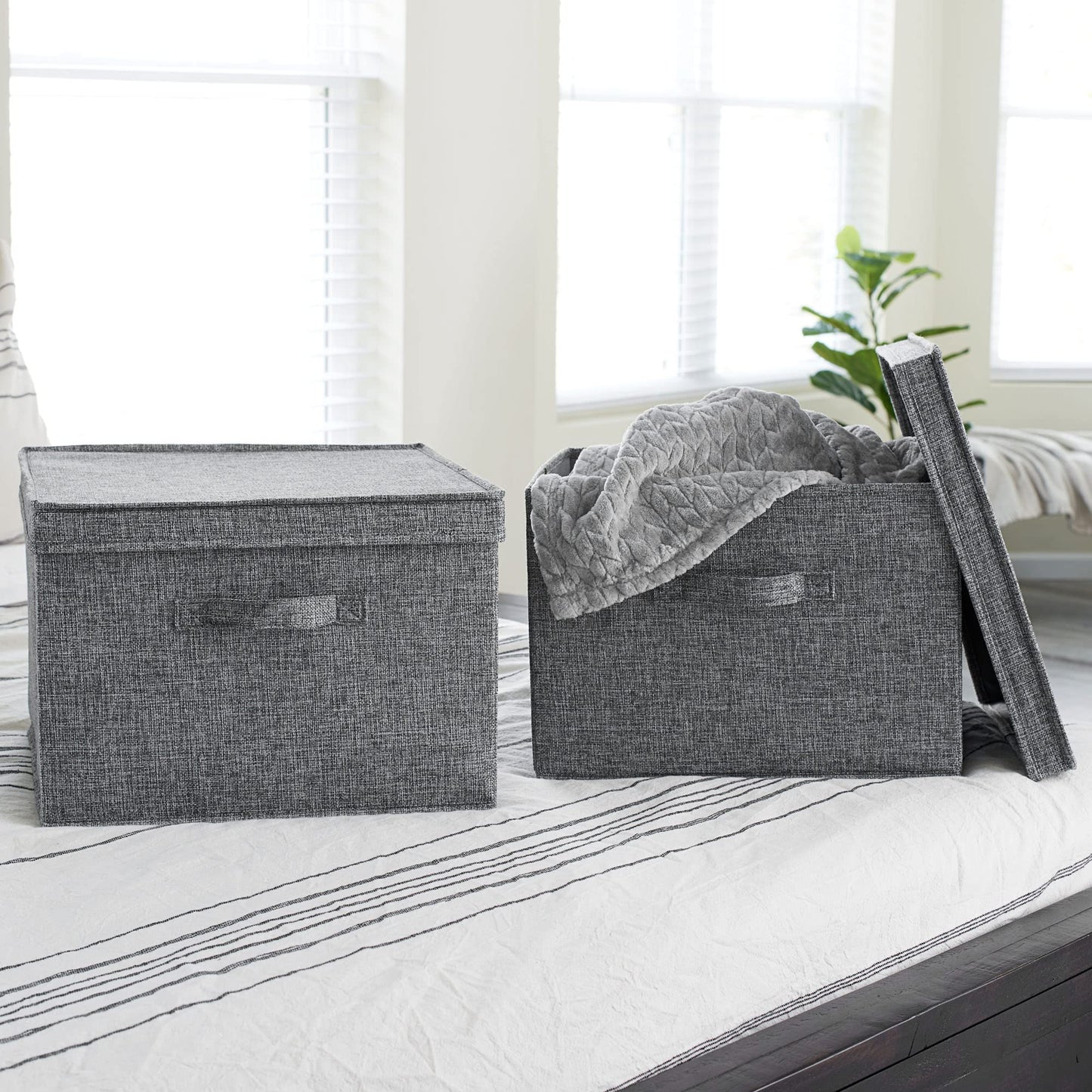 Household Essentials Square Fabric Storage Bins with Lids, Graphite, Set of 2