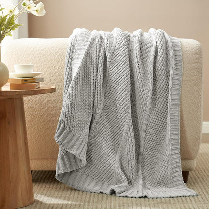 Amélie Home Chenille Knit Throw Blanket for Couch, Chevron Texture Decorative Soft Blanket for Sofa, Bed & Chair, 60"x80", Light Grey