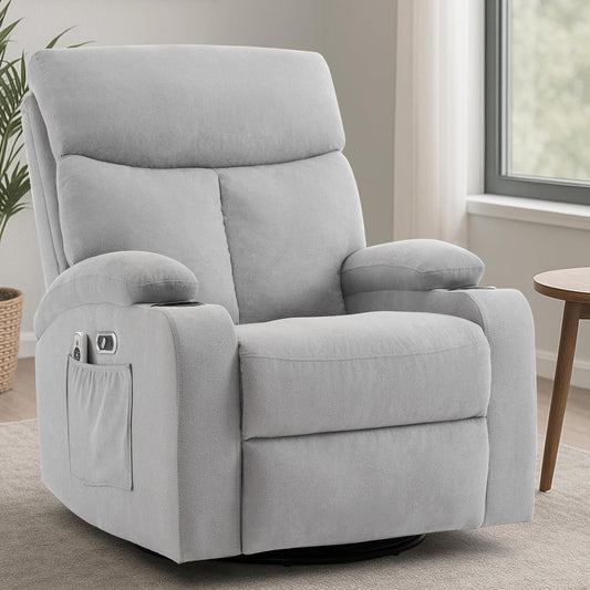 Swivel Power Recliner Chair for Adults with Full Body Massage, Electric Rocker Recliner Chairs for Living Room with USB and Type-C Ports, Fabric Rocking Reclining Sofa Chair (LightGrey)