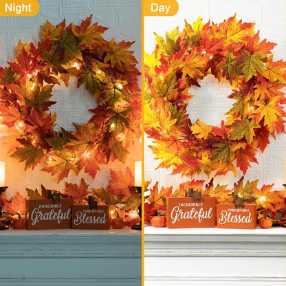 Glitzhome 24 Inch Pre-lit Fall Wreath, Autumn Wreath for Front Door, Lighted Maple Leaves Wreaths with Timer for Thanksgiving Halloween Christmas Wall Front Porch Home Decoration